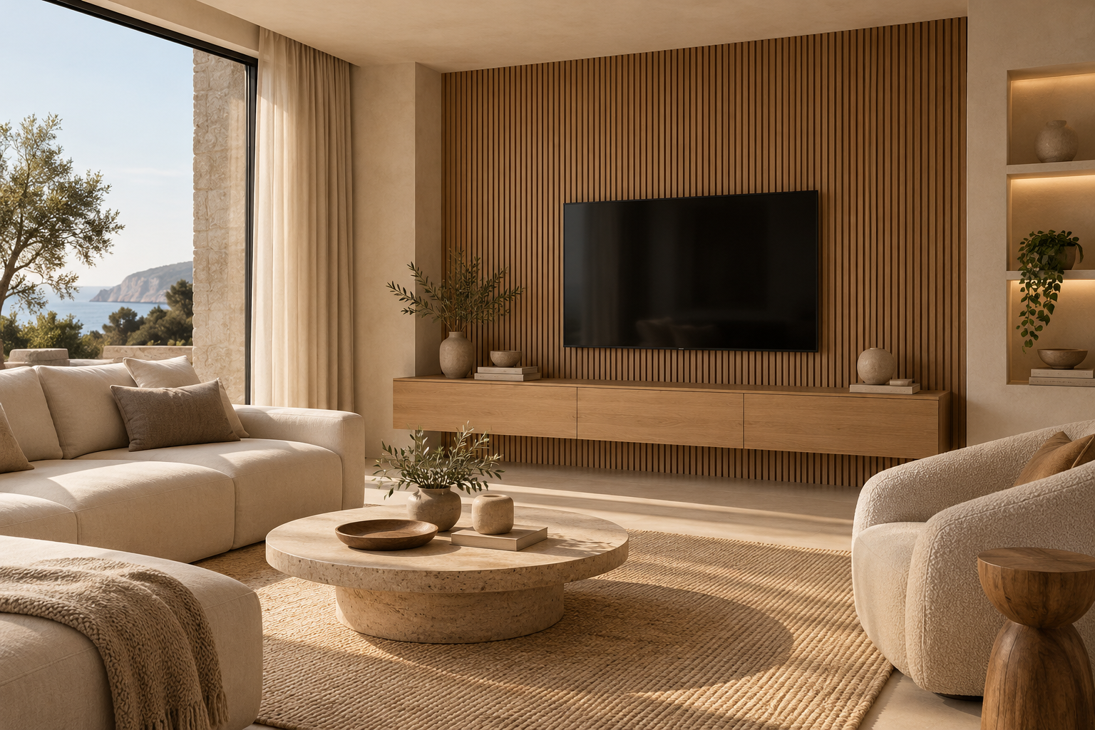 Doğal ahşap dokulu modern yaşam alanı